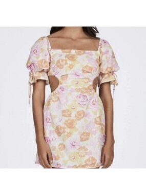 Charlie Holiday Maple Dress Summertime Floral Linen Blend Sz 4 Cut Out